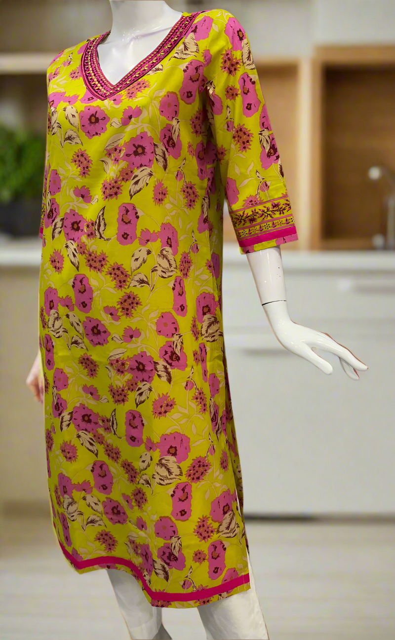 Yellow Flora Jaipuri Cotton Kurti. Pure Versatile Cotton. | Laces and Frills
