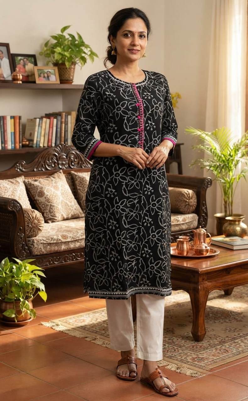 Black Flora Jaipuri Cotton Kurti. Pure Versatile Cotton. | Laces and Frills