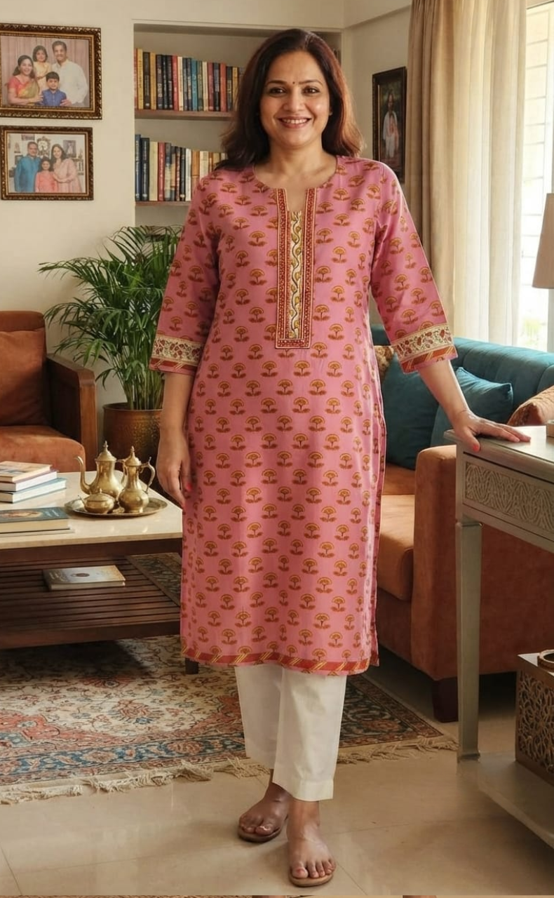 Pink Floral Jaipuri Cotton Kurti. Pure Versatile Cotton. | Laces and Frills