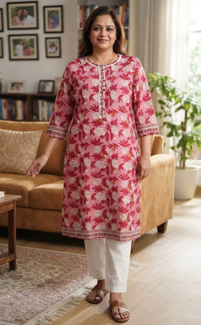 Pink Garden Jaipuri Cotton Kurti. Pure Versatile Cotton. | Laces and Frills