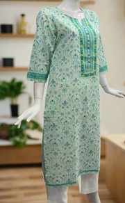 Sea Green Garden Jaipuri Cotton Kurti. Pure Versatile Cotton. | Laces and Frills