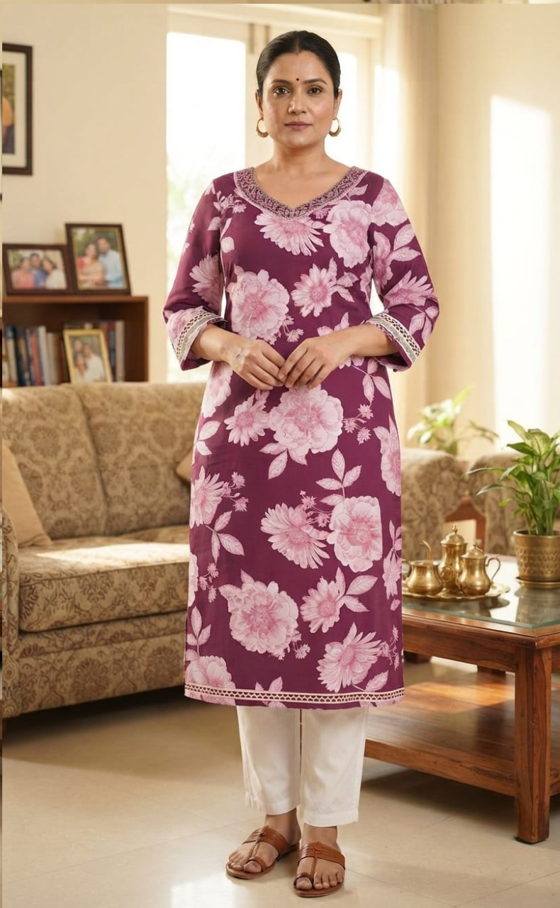 Violet Floral Jaipuri Cotton Kurti. Pure Versatile Cotton. | Laces and Frills