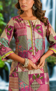 Beige/Violet Abstract Jaipuri Modal Kurti. Soft Versatile Modal Silk. | Laces and Frills