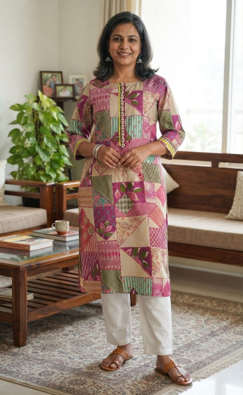 Beige/Violet Abstract Jaipuri Modal Kurti. Soft Versatile Modal Silk. | Laces and Frills