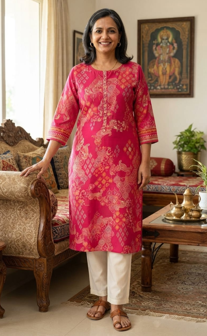 Rani Pink Motif Jaipuri Modal Kurti. Soft Versatile Modal Silk. | Laces and Frills