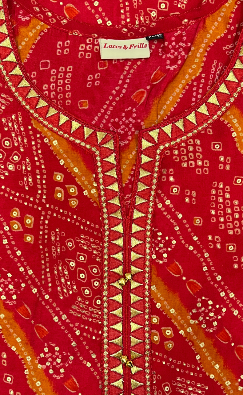 Red Bandini Jaipuri Modal Kurti. Soft Versatile Modal Silk. | Laces and Frills - Laces and Frills