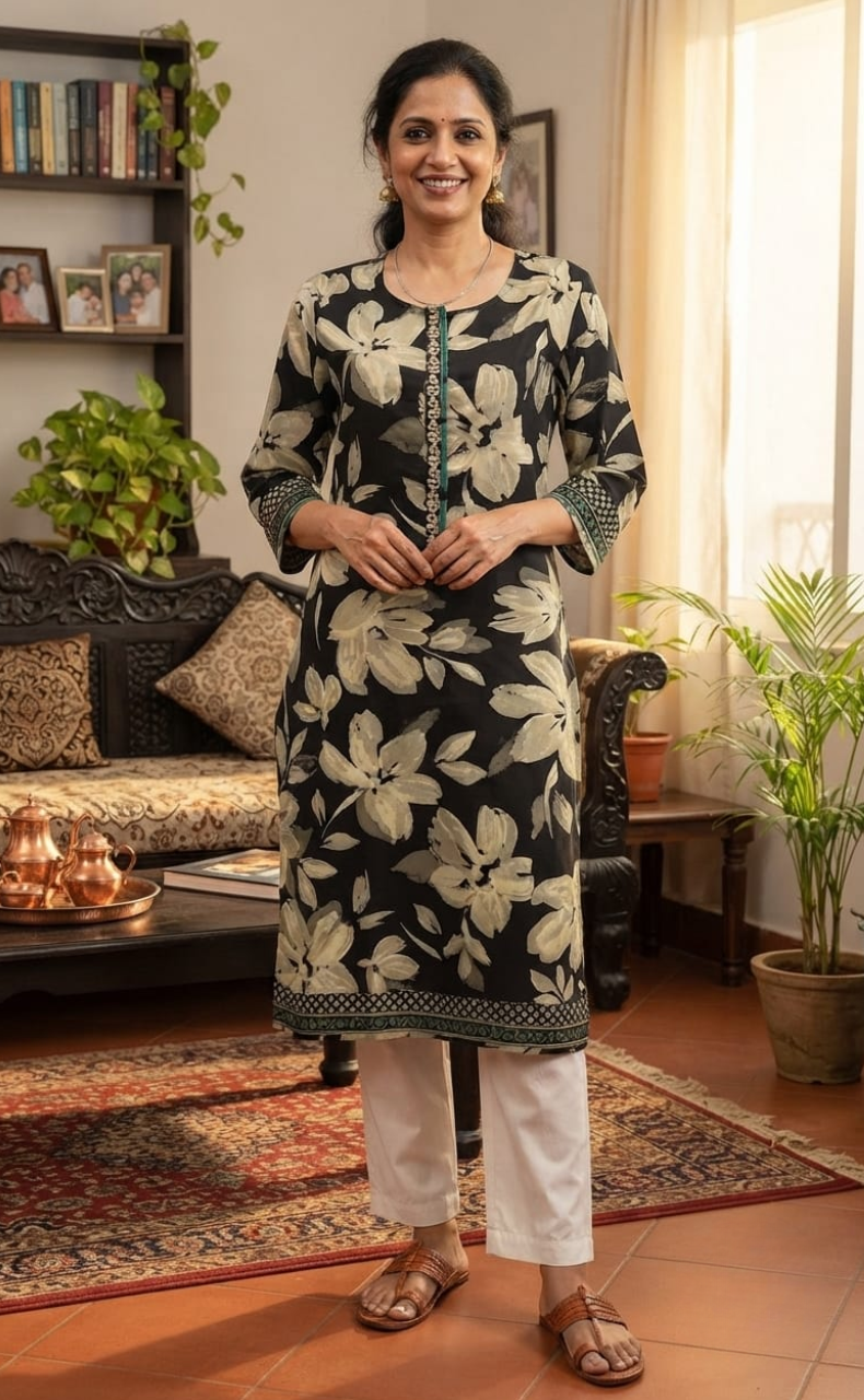 Black Floral Jaipuri Cotton Kurti. Pure Versatile Cotton. | Laces and Frills