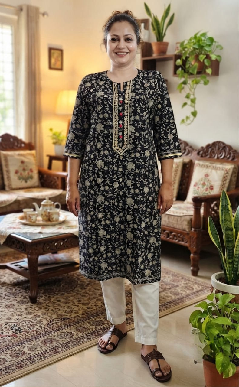 Navy Blue Garden Jaipuri Cotton Kurti. Pure Versatile Cotton. | Laces and Frills