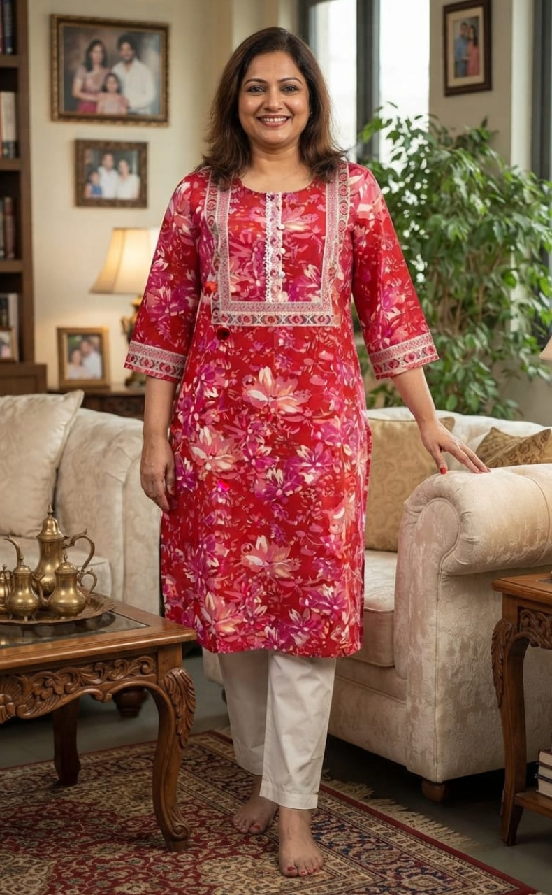 Red/Pink Flora Jaipuri Cotton Kurti. Pure Versatile Cotton. | Laces and Frills