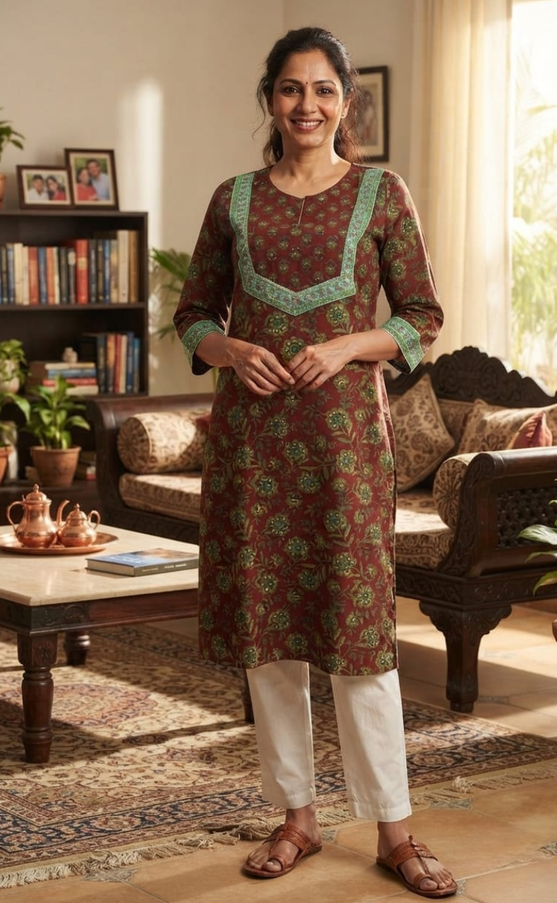 Maroon Floral Jaipuri Cotton Kurti. Pure Versatile Cotton. | Laces and Frills