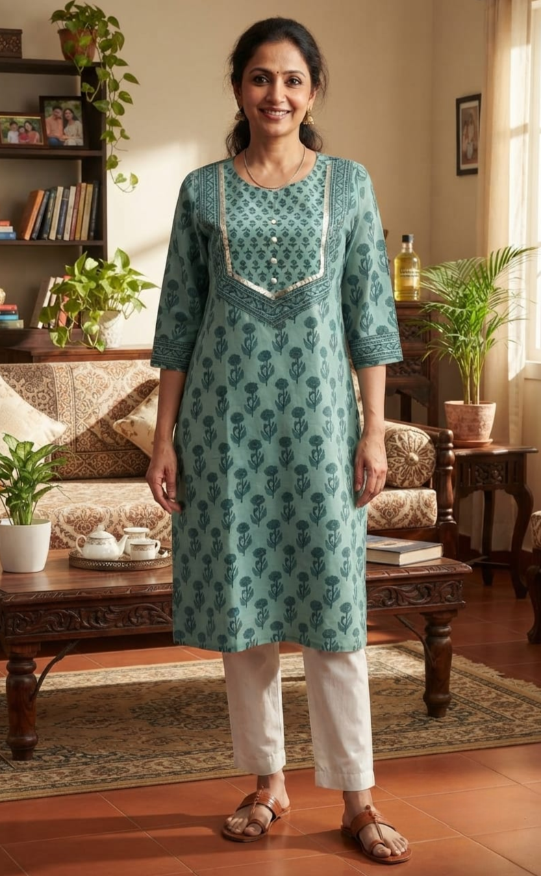 Sea Green Flora Jaipuri Cotton Kurti. Pure Versatile Cotton. | Laces and Frills