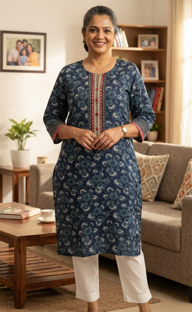 Indigo Blue Floral Jaipuri Cotton Kurti. Pure Versatile Cotton. | Laces and Frills