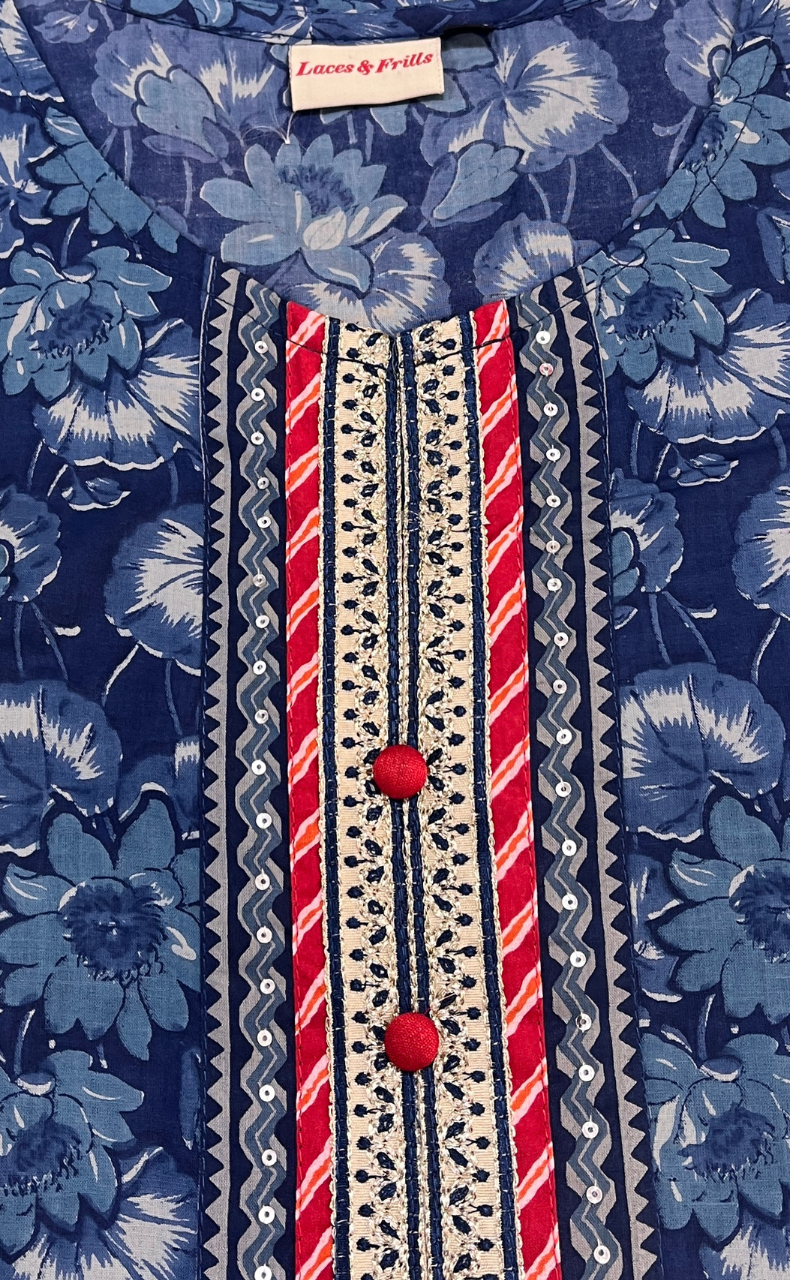 Indigo Blue Floral Jaipuri Cotton Kurti. Pure Versatile Cotton. | Laces and Frills