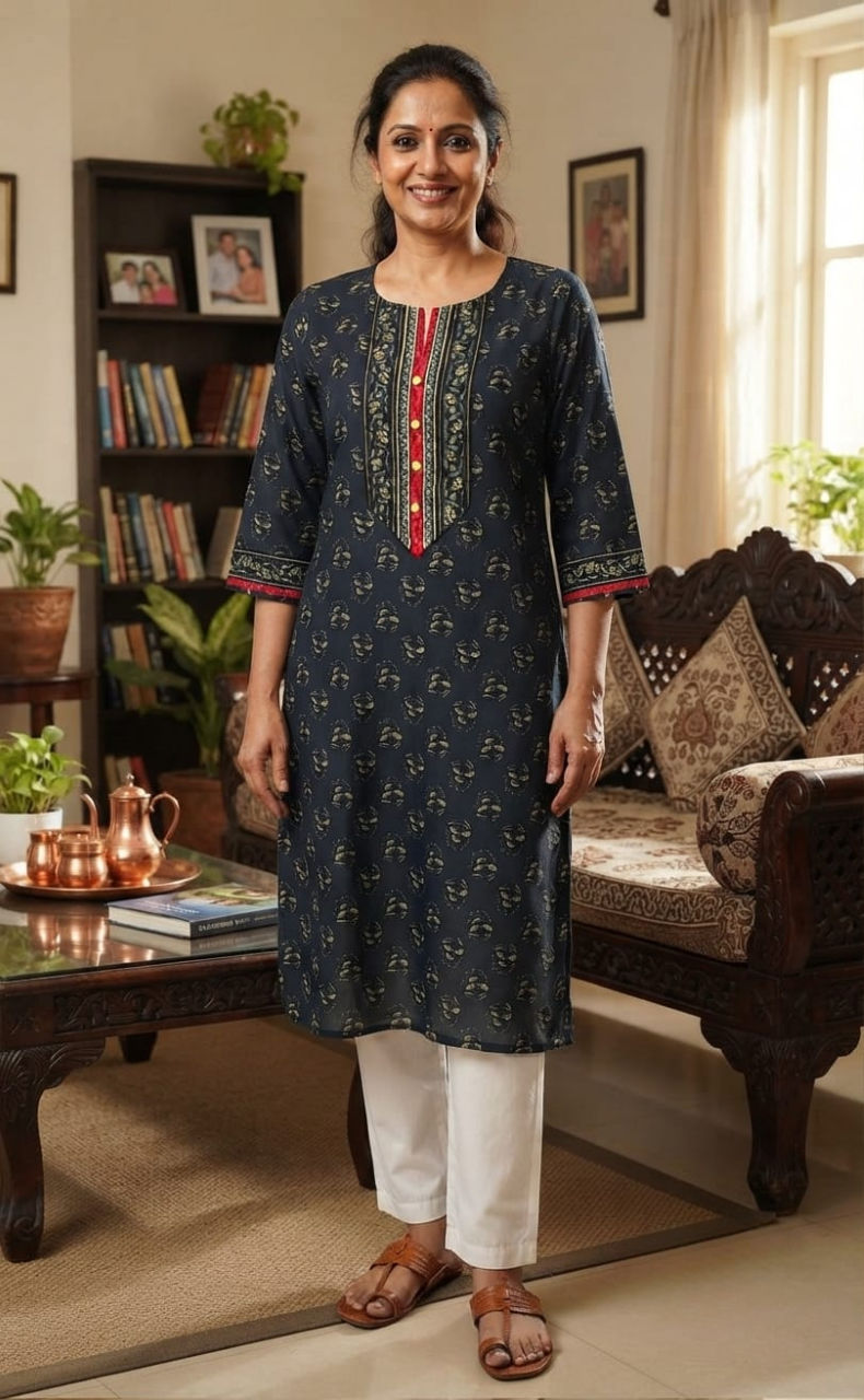 Navy Blue Motif Jaipuri Cotton Kurti. Pure Versatile Cotton. | Laces and Frills