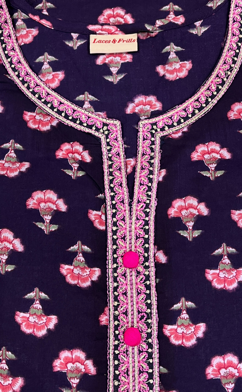 Dark Violet Floral Jaipuri Cotton Kurti. Pure Versatile Cotton. | Laces and Frills