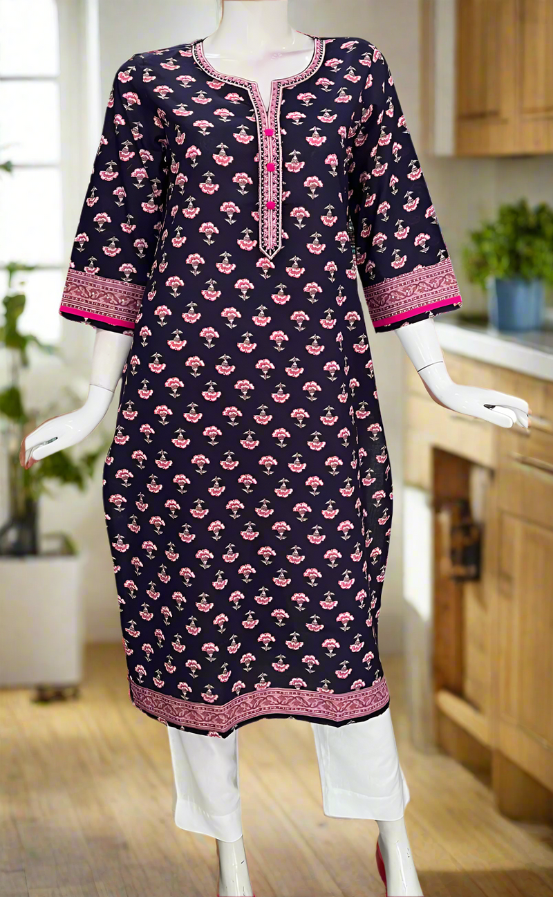 Dark Violet Floral Jaipuri Cotton Kurti. Pure Versatile Cotton. | Laces and Frills