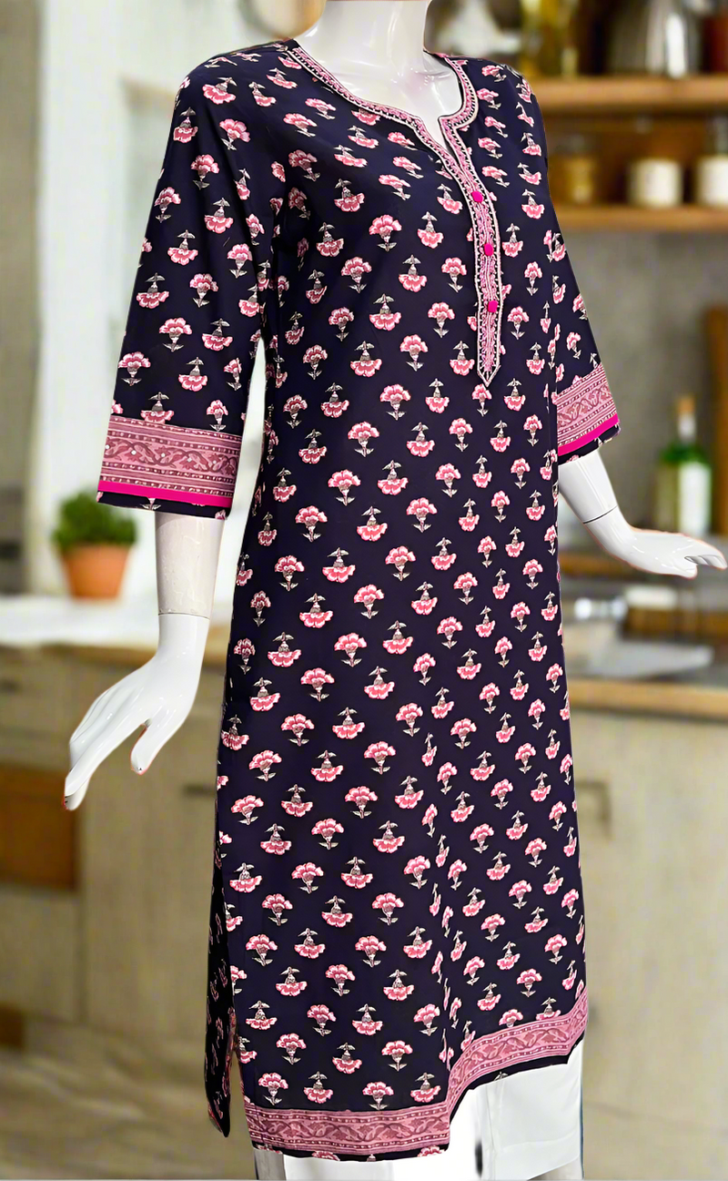 Dark Violet Floral Jaipuri Cotton Kurti. Pure Versatile Cotton. | Laces and Frills