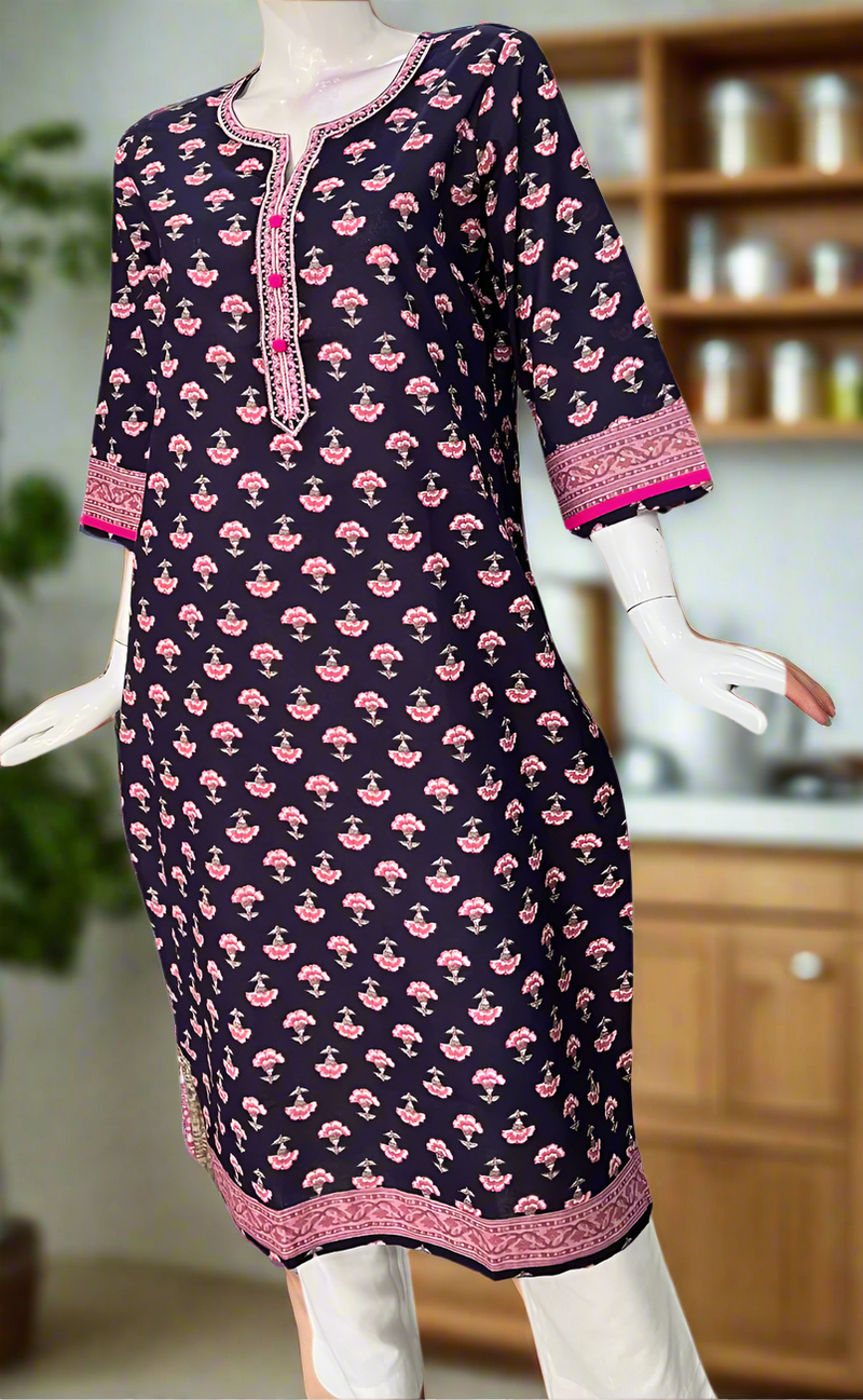 Dark Violet Floral Jaipuri Cotton Kurti. Pure Versatile Cotton. | Laces and Frills