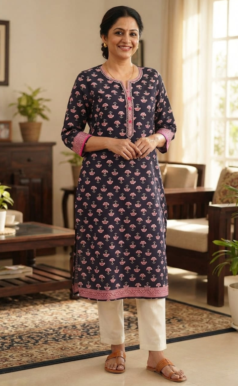 Dark Violet Floral Jaipuri Cotton Kurti. Pure Versatile Cotton. | Laces and Frills