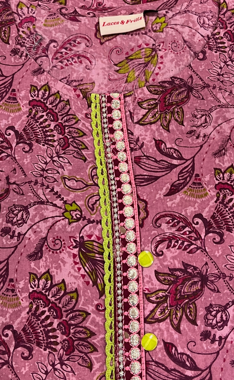 English Pink Floral Jaipuri Cotton Kurti. Pure Versatile Cotton. | Laces and Frills