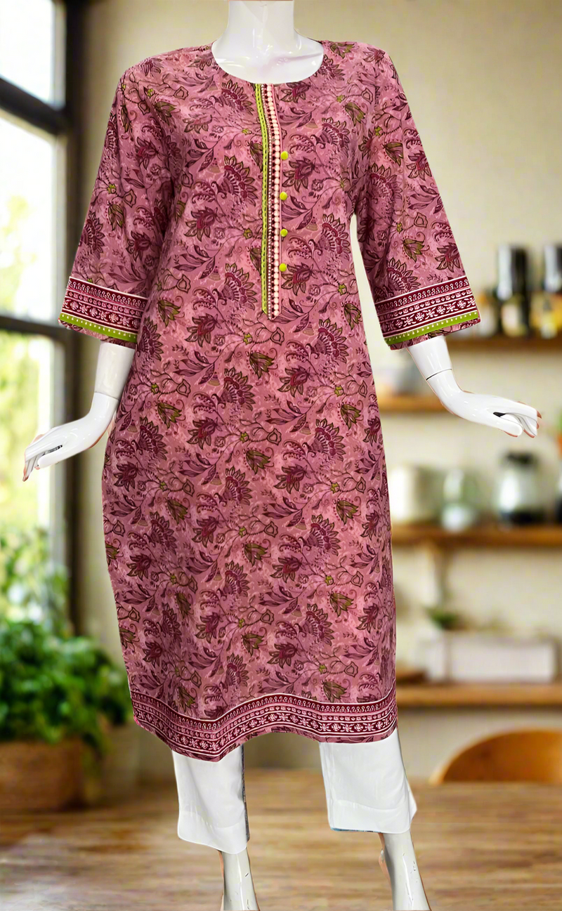 English Pink Floral Jaipuri Cotton Kurti. Pure Versatile Cotton. | Laces and Frills