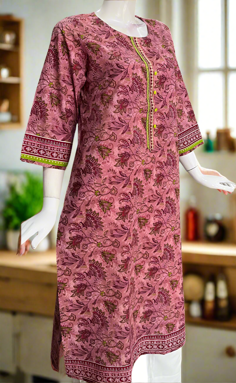 English Pink Floral Jaipuri Cotton Kurti. Pure Versatile Cotton. | Laces and Frills