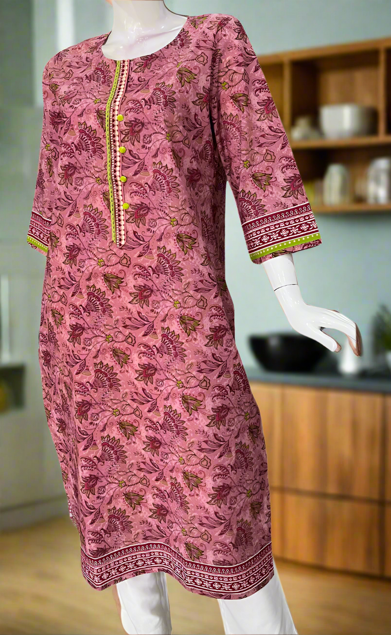 English Pink Floral Jaipuri Cotton Kurti. Pure Versatile Cotton. | Laces and Frills