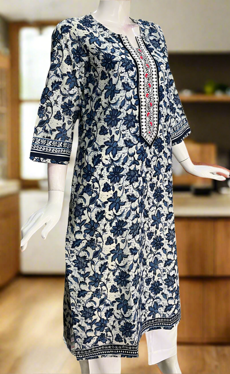 White/Blue Floral Jaipuri Cotton Kurti. Pure Versatile Cotton. | Laces and Frills