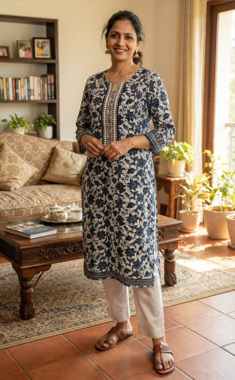 Blue Floral Jaipuri Cotton Kurti. Pure Versatile Cotton. | Laces and Frills