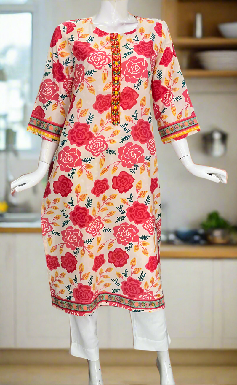 Off White/Peach Flora Jaipuri Cotton Kurti. Pure Versatile Cotton. | Laces and Frills