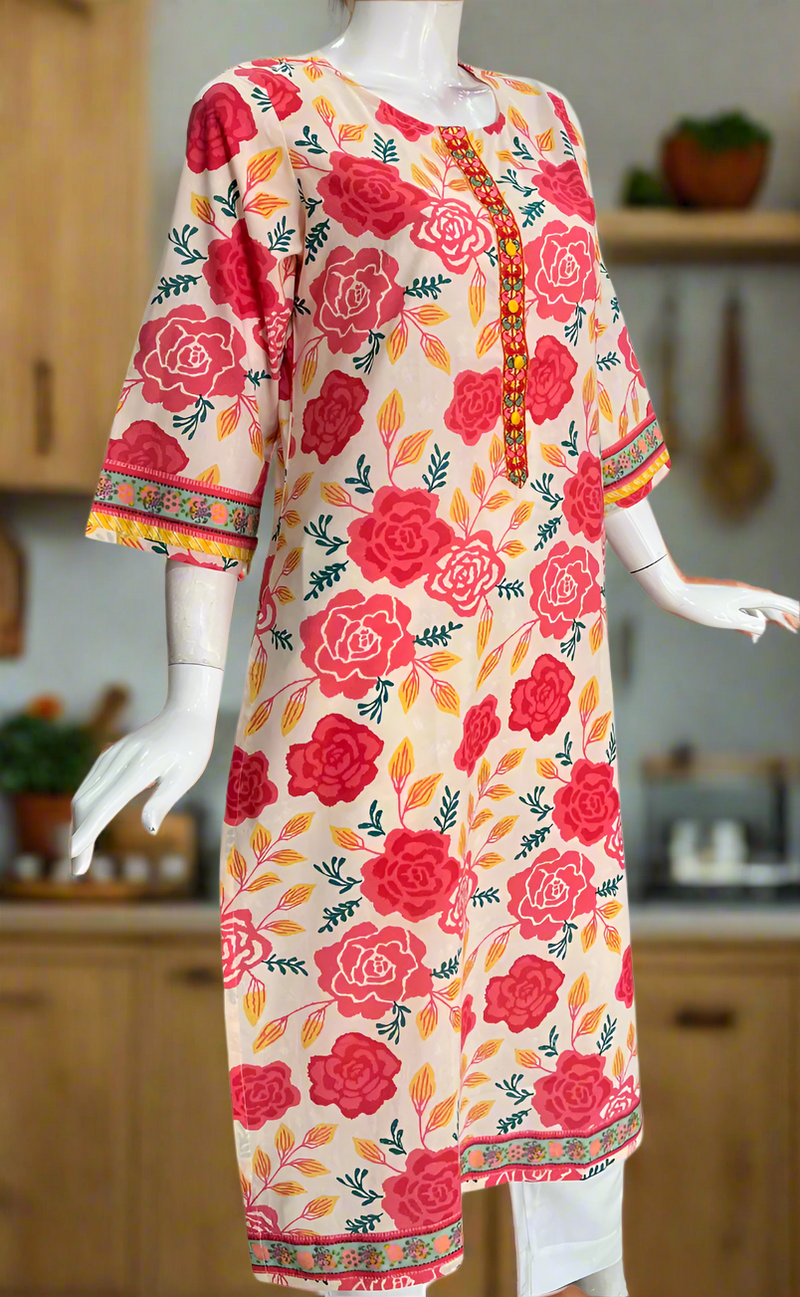 Off White/Peach Flora Jaipuri Cotton Kurti. Pure Versatile Cotton. | Laces and Frills