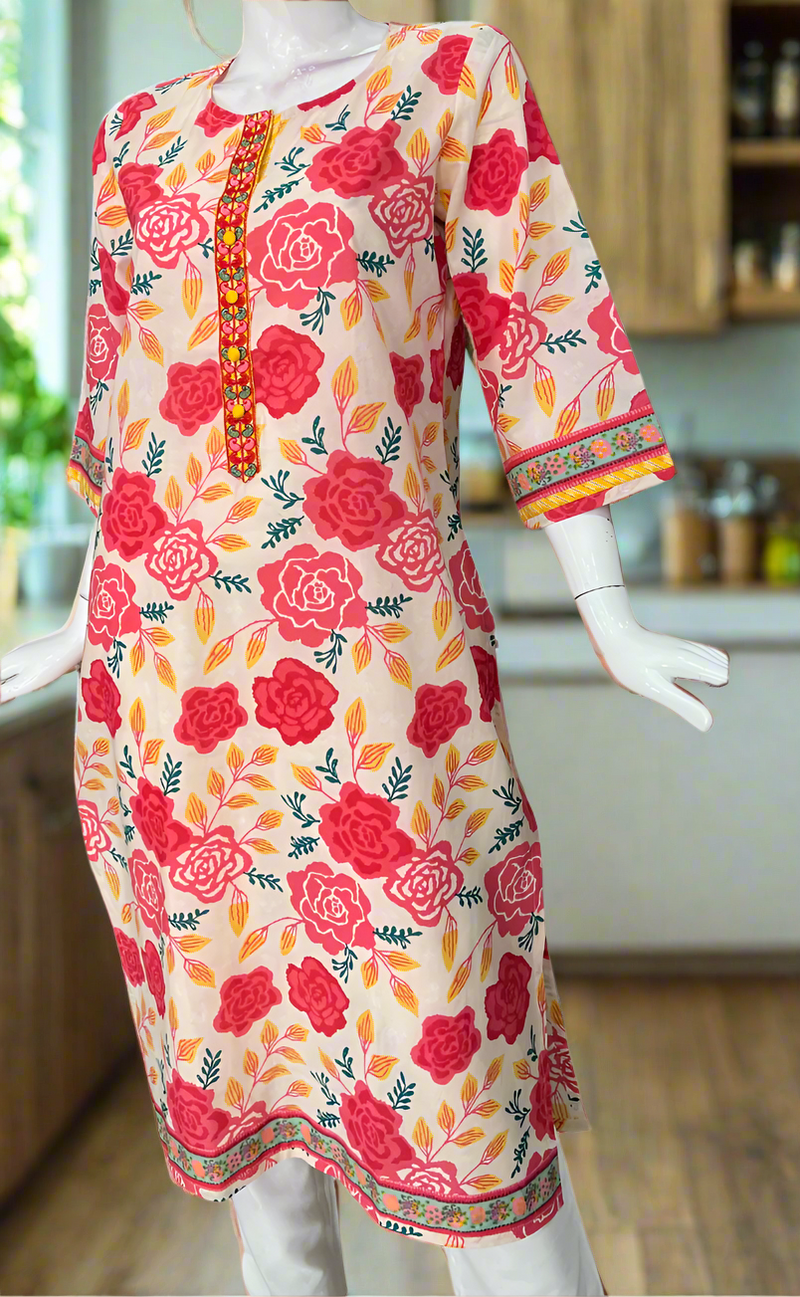 Off White/Peach Flora Jaipuri Cotton Kurti. Pure Versatile Cotton. | Laces and Frills