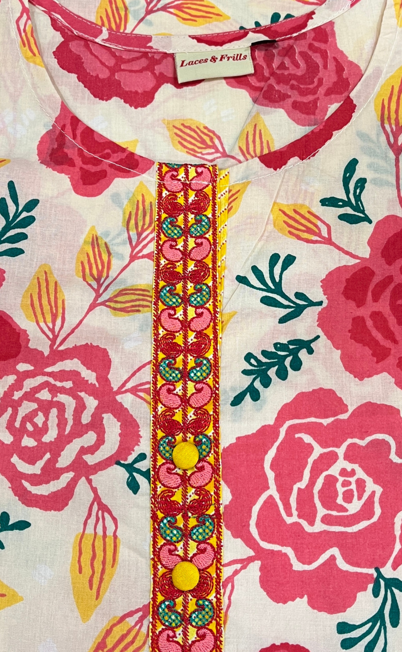 Off White/Peach Flora Jaipuri Cotton Kurti. Pure Versatile Cotton. | Laces and Frills