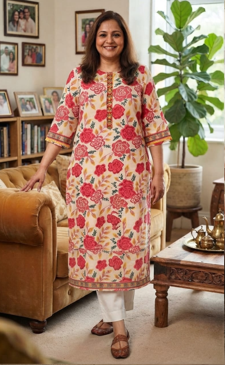 Peach Flora Jaipuri Cotton Kurti. Pure Versatile Cotton. | Laces and Frills