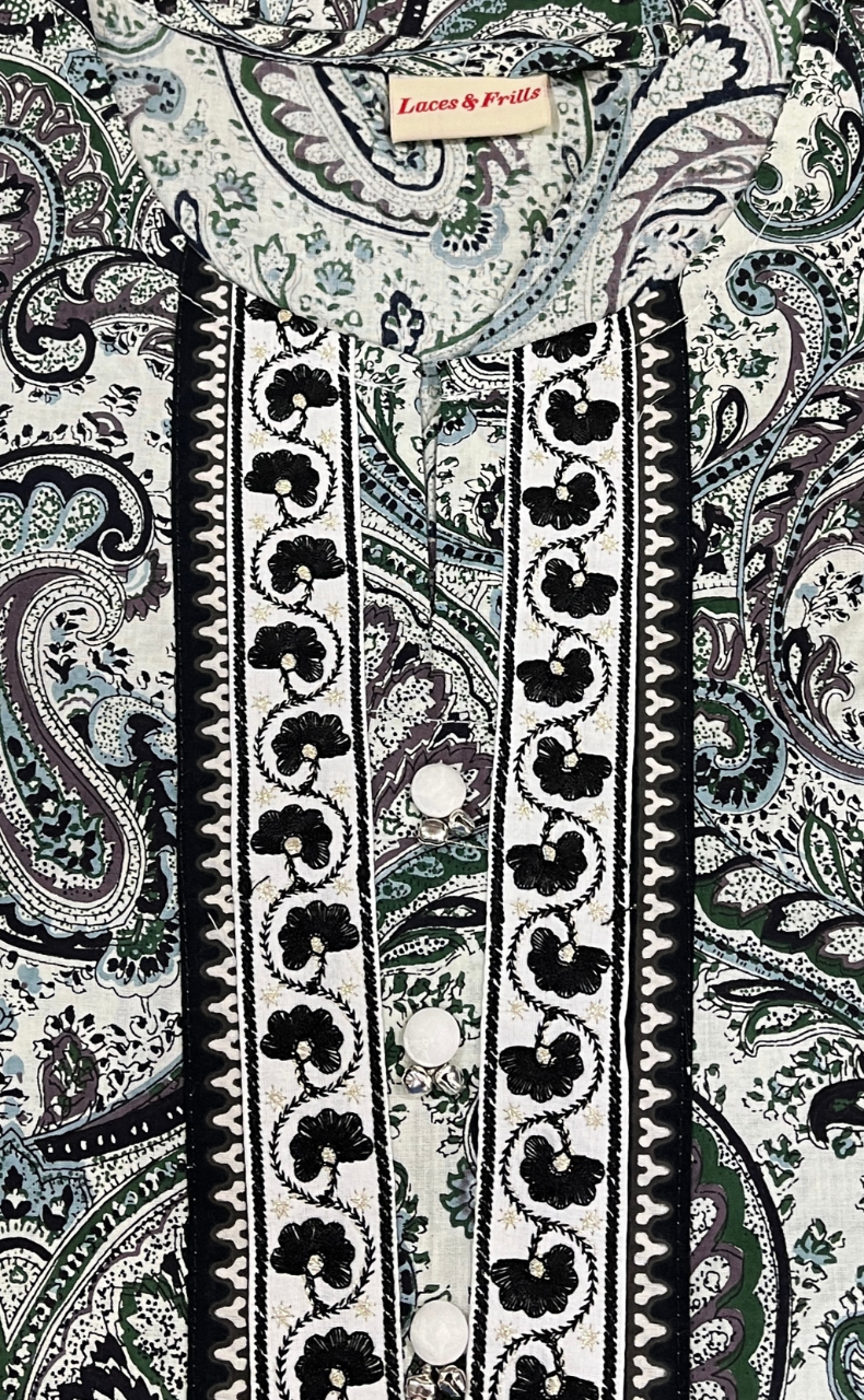Light Green/Black Motif Jaipuri Cotton Kurti. Pure Versatile Cotton. | Laces and Frills