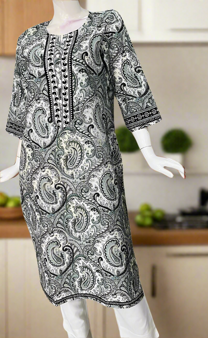 Light Green/Black Motif Jaipuri Cotton Kurti. Pure Versatile Cotton. | Laces and Frills