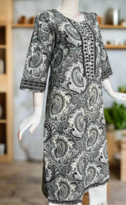 Light Green/Black Motif Jaipuri Cotton Kurti. Pure Versatile Cotton. | Laces and Frills