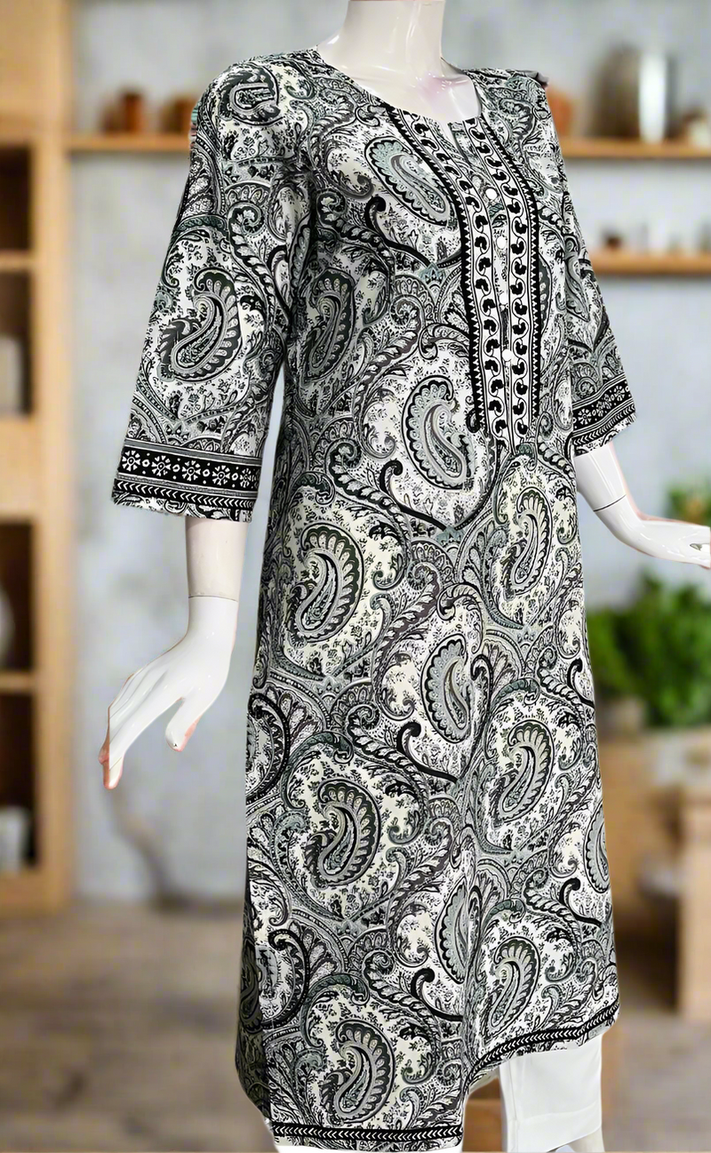 Light Green/Black Motif Jaipuri Cotton Kurti. Pure Versatile Cotton. | Laces and Frills