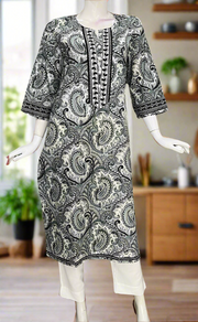 Light Green/Black Motif Jaipuri Cotton Kurti. Pure Versatile Cotton. | Laces and Frills