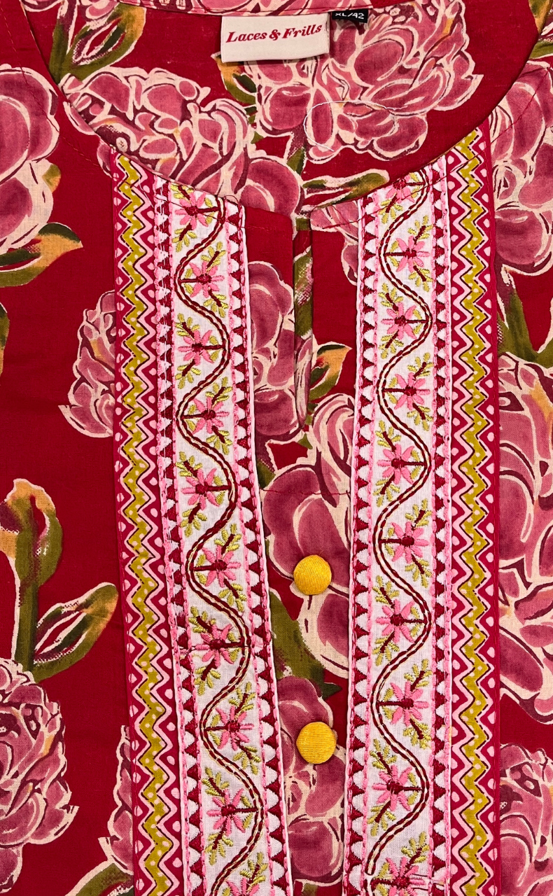 Red Floral Jaipuri Cotton Kurti. Pure Versatile Cotton. | Laces and Frills