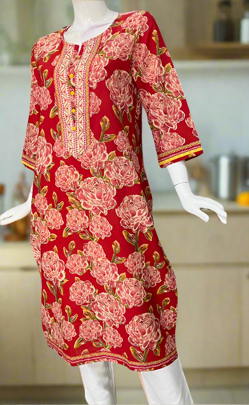 Red Floral Jaipuri Cotton Kurti. Pure Versatile Cotton. | Laces and Frills