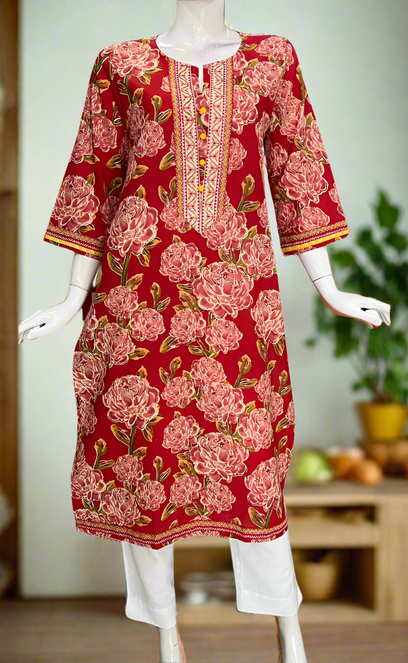 Red Floral Jaipuri Cotton Kurti. Pure Versatile Cotton. | Laces and Frills
