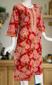 Red Floral Jaipuri Cotton Kurti. Pure Versatile Cotton. | Laces and Frills