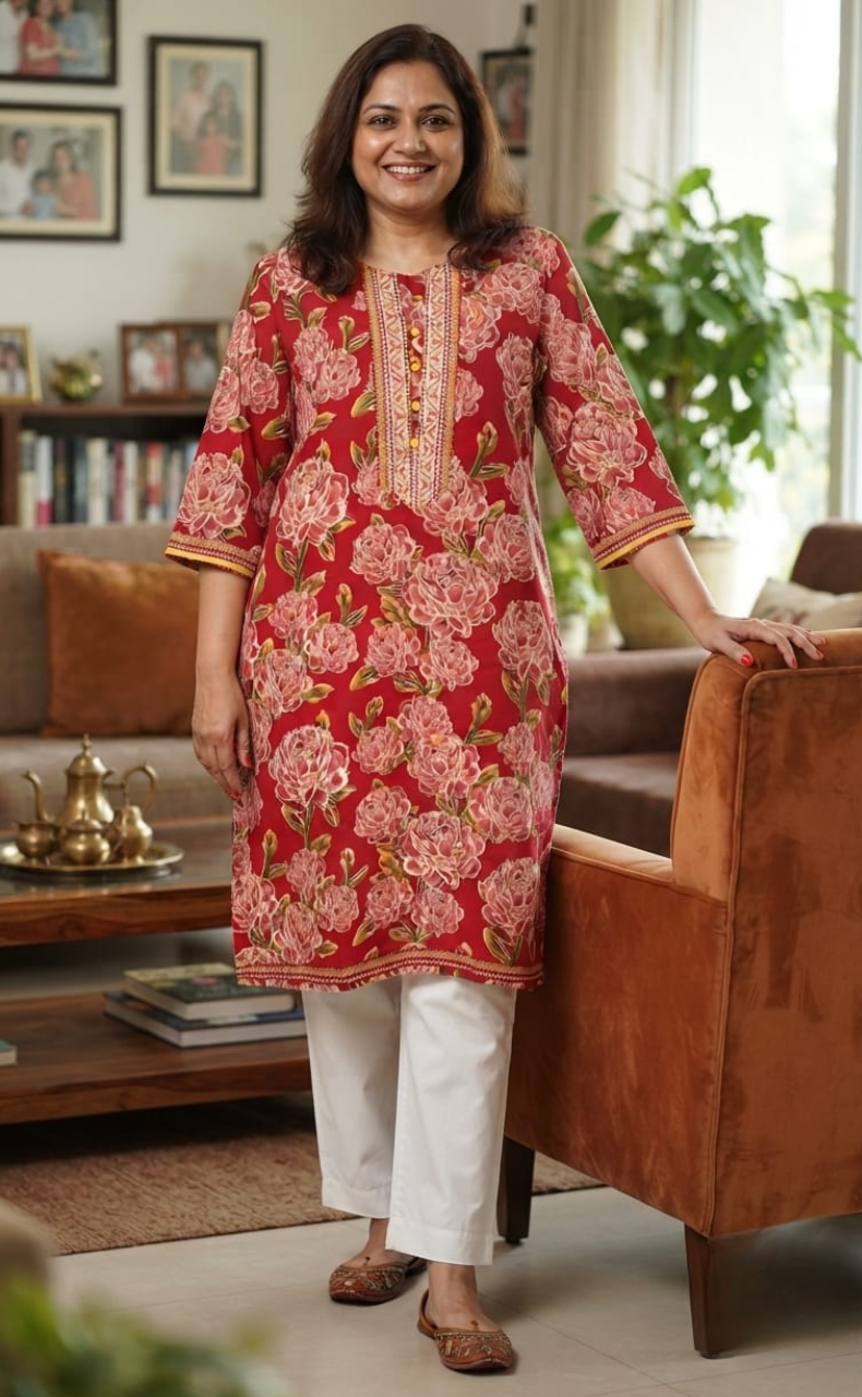 Red Floral Jaipuri Cotton Kurti. Pure Versatile Cotton. | Laces and Frills