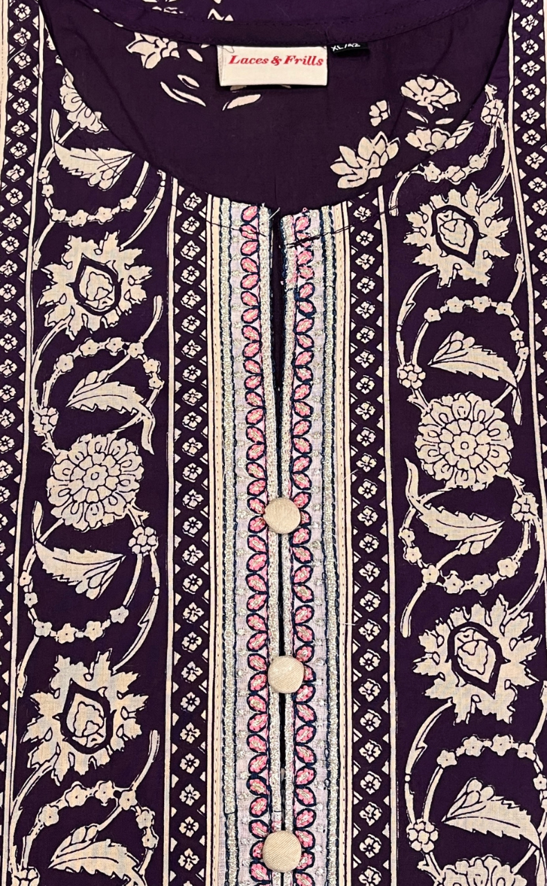 Dark Violet Floral Jaipuri Cotton Kurti. Pure Versatile Cotton. | Laces and Frills