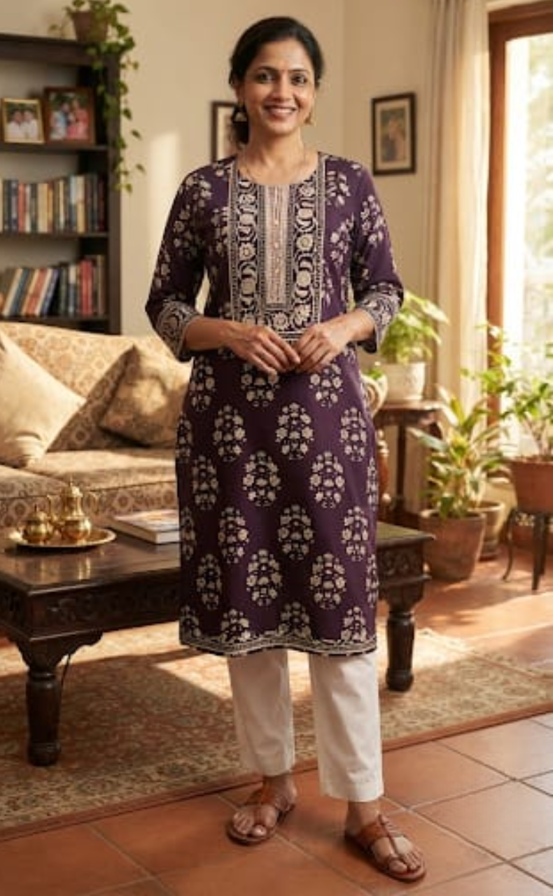 Dark Violet Floral Jaipuri Cotton Kurti. Pure Versatile Cotton. | Laces and Frills