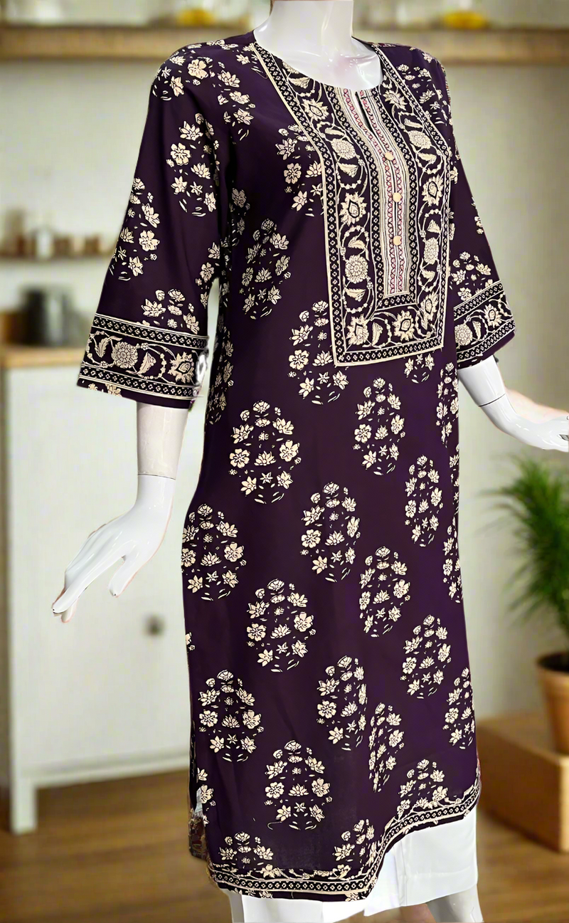 Dark Violet Floral Jaipuri Cotton Kurti. Pure Versatile Cotton. | Laces and Frills