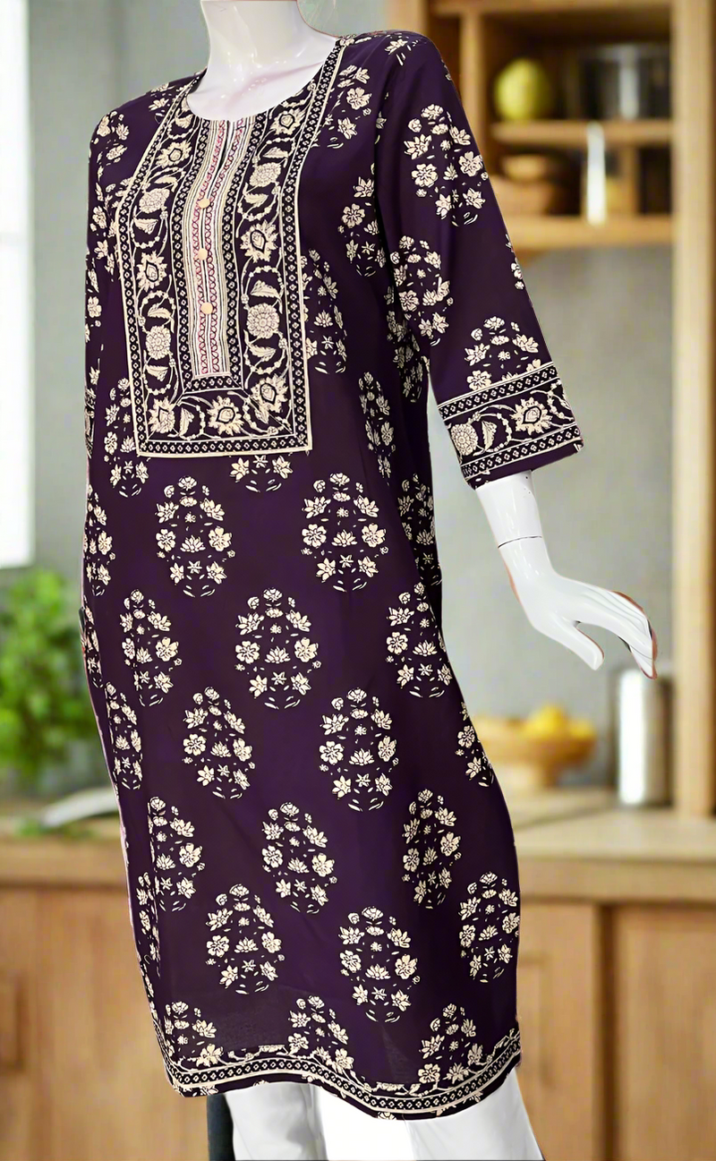 Dark Violet Floral Jaipuri Cotton Kurti. Pure Versatile Cotton. | Laces and Frills