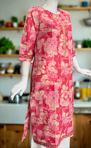 Candy Pink Floral Jaipuri Cotton Kurti. Pure Versatile Cotton. | Laces and Frills