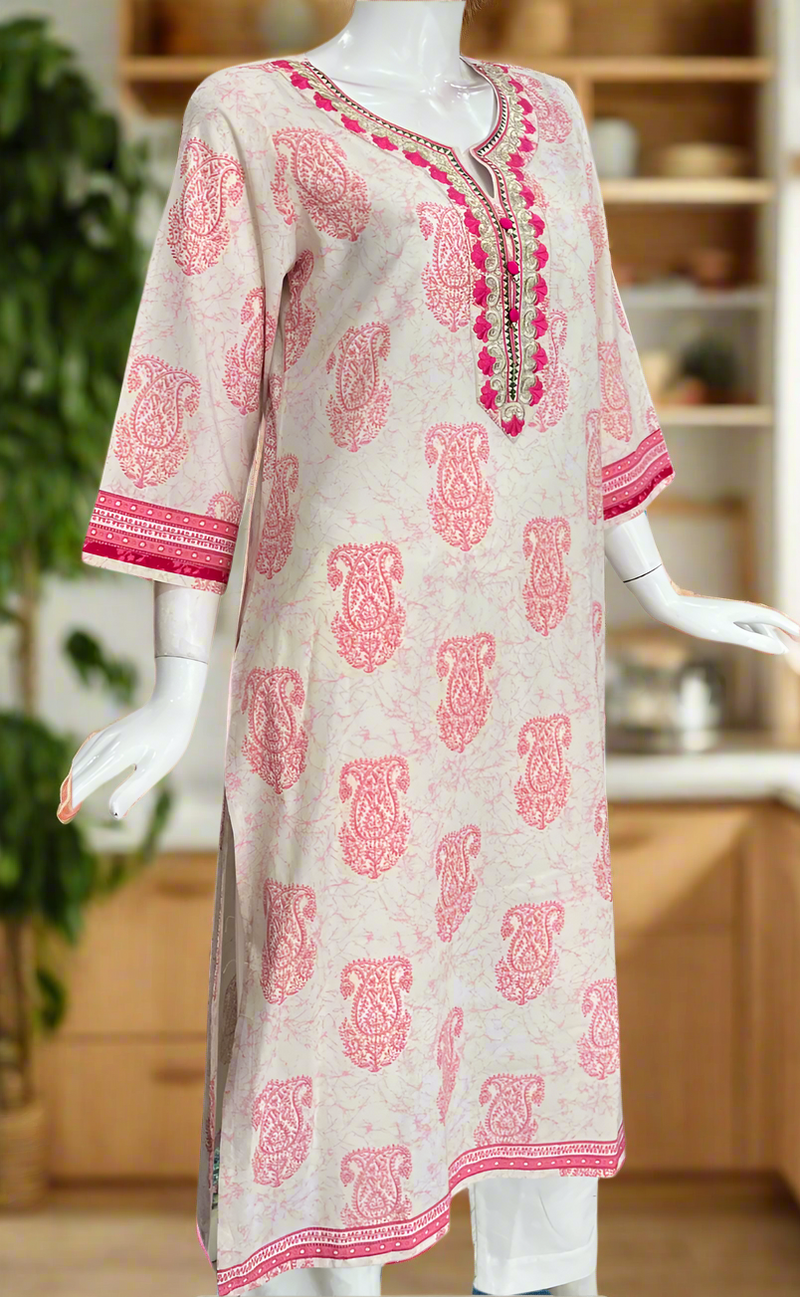 Pink Motif Jaipuri Cotton Kurti. Pure Versatile Cotton. | Laces and Frills